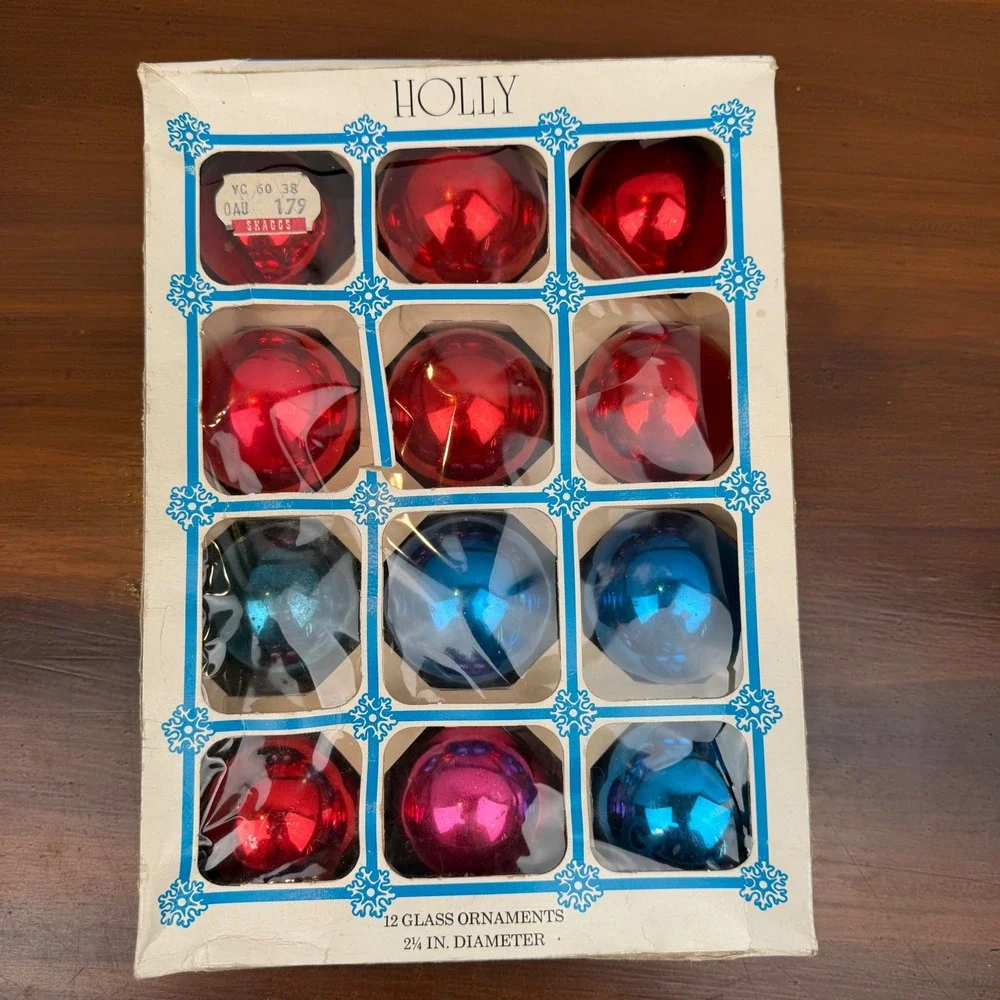 Vintage Holly Glass Christmas Ornaments Red Blue Set of 24 2.25